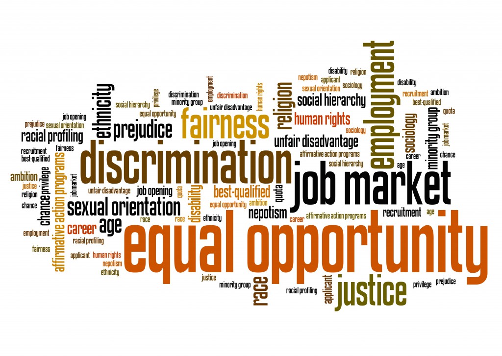 Equal opportunity issues and concepts word cloud illustration. Word collage concept. Gender employment words.
